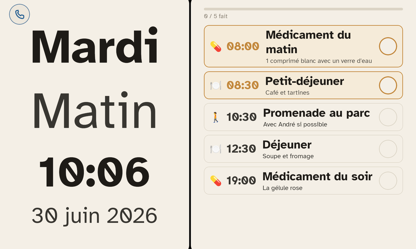 L'écran d'accueil de la tablette : l'heure et la date en grand, et les routines du jour avec leur progression.