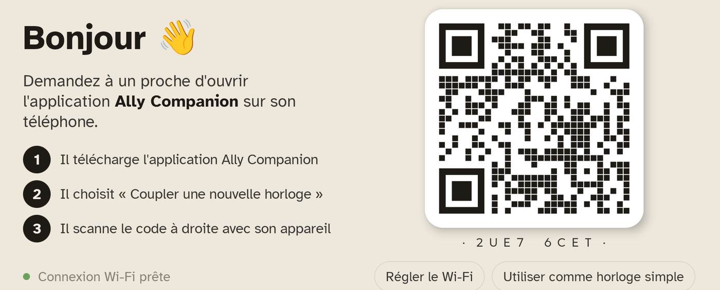 L'écran de couplage de la tablette : « Bonjour », les trois étapes et le code QR à scanner.