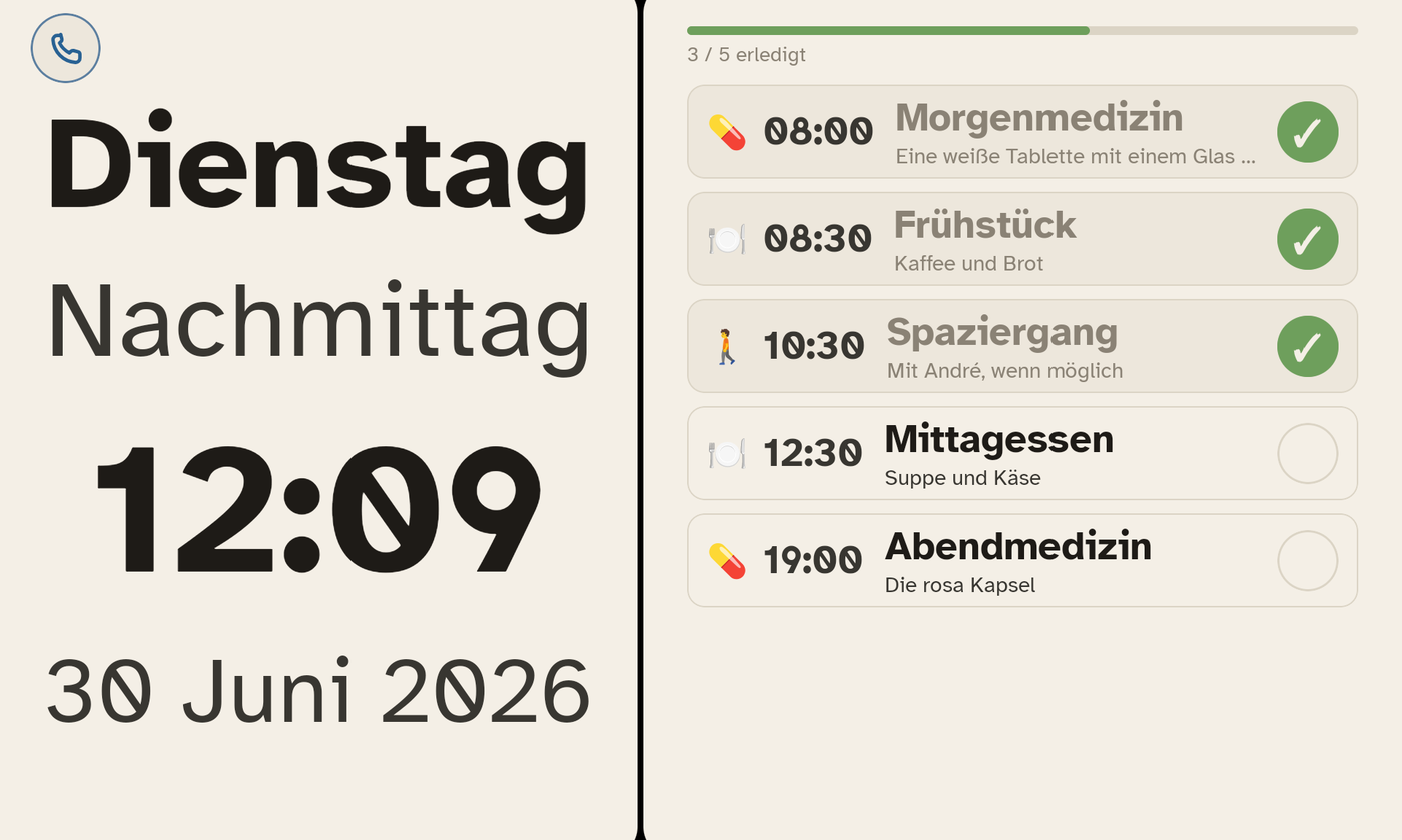 Der Startbildschirm des Tablets: Uhrzeit und Datum gross dargestellt, und die Routinen des Tages mit ihrem Fortschritt.