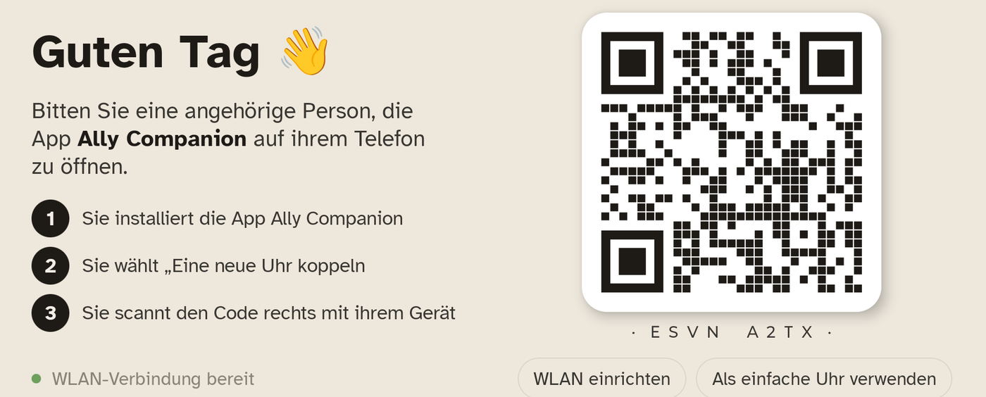 Der Kopplungs-Bildschirm des Tablets: „Hallo“, die drei Schritte und der zu scannende QR-Code.