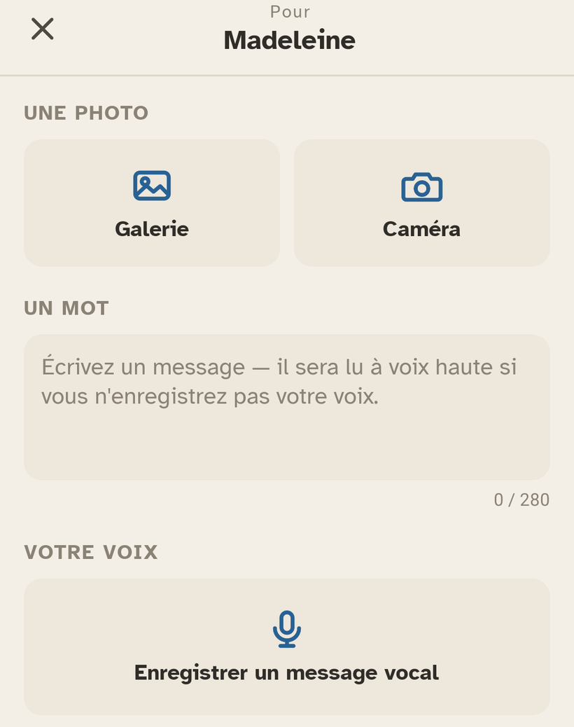 L'écran d'envoi d'Ally Companion : le choix de la photo, le champ du message, et le bouton pour enregistrer la voix.